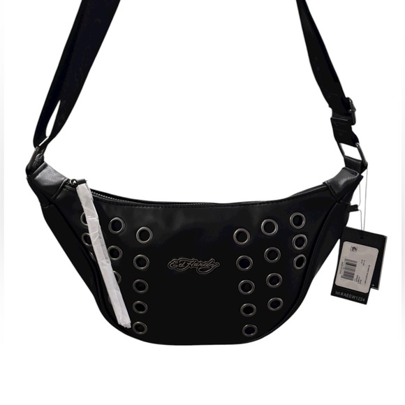 Ed Hardy Handbags - Ed Hardy Women's Crescent Hobo Crossbody Bag in black faux leather w/ grommets